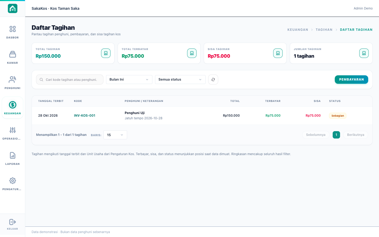 Tampilan asli daftar tagihan SakaKos menggunakan data dummy.